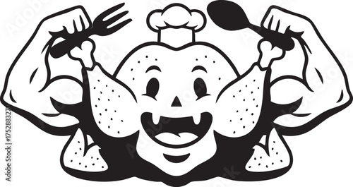 Strong Turkey Chef Cartoon with Muscular Arms and Utensils