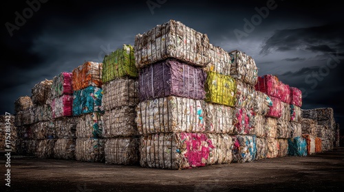 Colorful Stacks of Compressed Bales of Recycled Material Against a Dramatic Sky