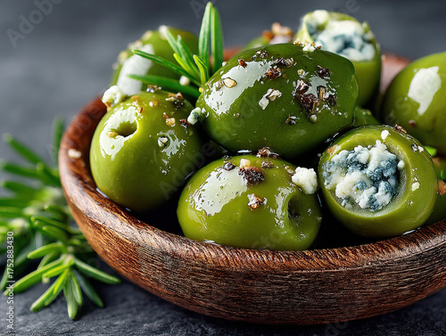 A bowl of green olives stuf...