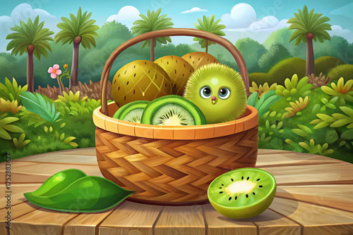 basket containing sliced and whole kiwis, bright green pulp contrasting