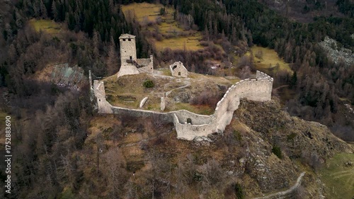 The Castle of Graines Val D'Ayas, Aosta valley, Italy, aerial view in winter