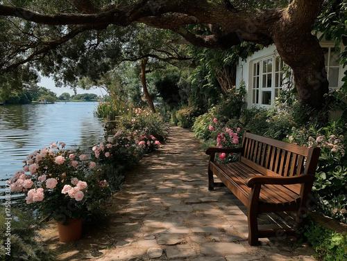 A peaceful lakeside view of...