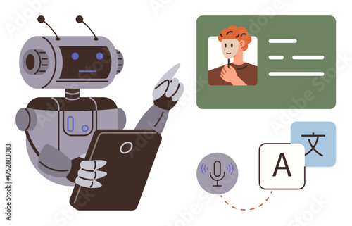 Robot analyzing tablet, human profile, language translation icons, and microphone. Ideal for AI, robotics, machine learning, language communication technology automation. Simple flat metaphor