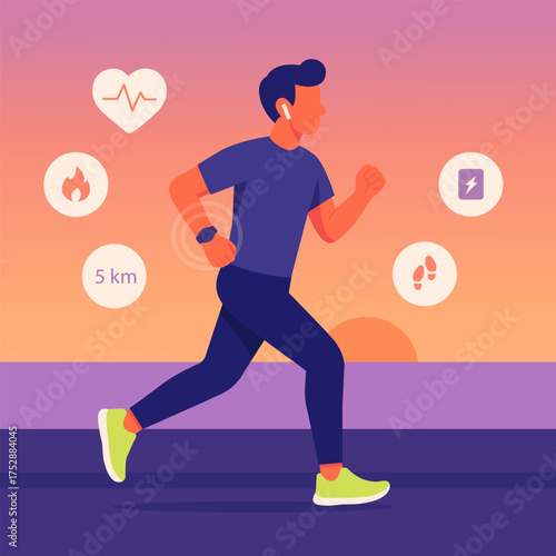 Vector illustration of a man jogging outdoors at sunset, using smartwatch and wireless earbuds to track heart rate, distance, calories and steps. Perfect for fitness, sport and health concepts.