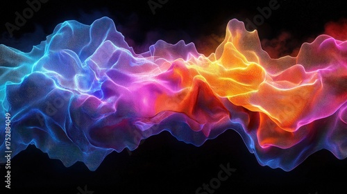 Abstract Colorful Energy Waves on Black Background, Digital Art.