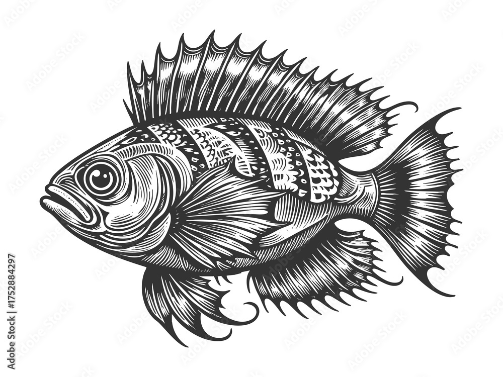 Fototapeta premium exotic tropical fish with ornate fins and scales, showcasing marine beauty in classic illustration style sketch engraving generative ai raster illustration. Scratch board imitation. Black and white.