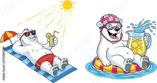 Cute polar bears enjoying summer vacation, relaxing in sunshine, drinking lemonade, wearing swimwear, sunglasses, and swimming ring, fun holiday concept illustration