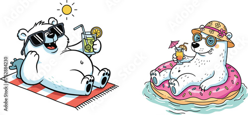 Cute polar bears relaxing in summer, drinking lemonade, wearing sunglasses and hats, sunbathing and floating in water, funny cartoon illustration