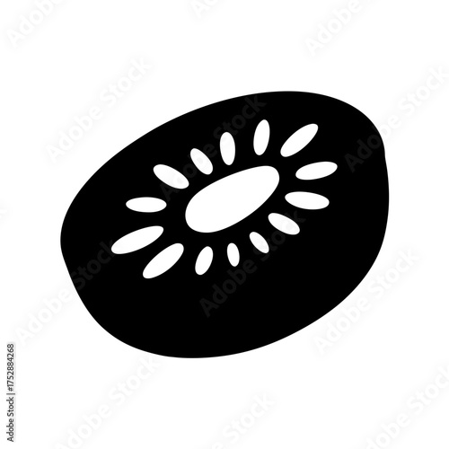 Simple silhouette slice of kiwi fruit with distinct black seed pattern and white pulp center