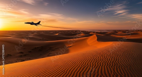 Jet fighter airplane flying over desert dunes at sunset with contrail