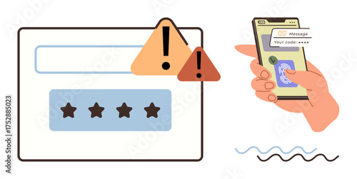 Warning icons signal potential login errors on password entry, while a mobile phone shows a secure verification code. Ideal for cybersecurity, login protection, authentication, online privacy, user