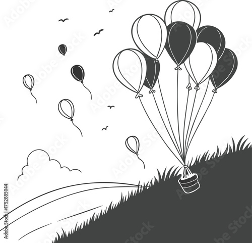 Celebration balloons ascending from a gift box on a hilltop isolated on transparent background