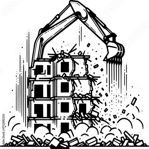 Demolition in Progress: An excavator diligently dismantles a building, symbolizing urban renewal, destruction, and construction progress.