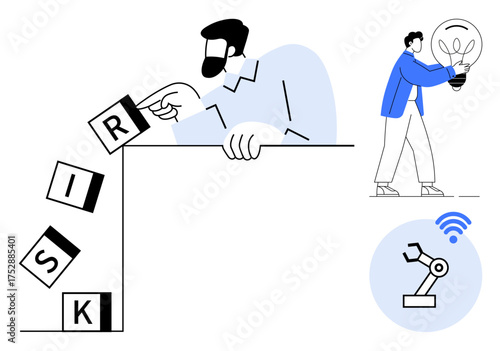 Man controlling risk blocks tipping over edge, person holding lightbulb representing innovation, robotic arm with wireless connectivity. Ideal for risk management, innovation, automation
