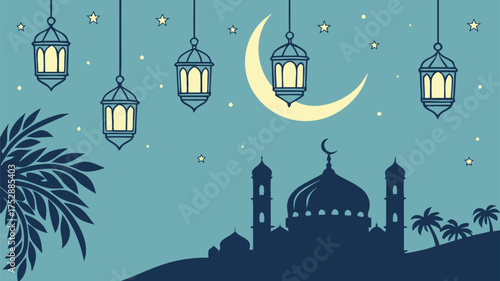 A silhouette of a mosque with minarets under a crescent moon and hanging lanterns in a night scene