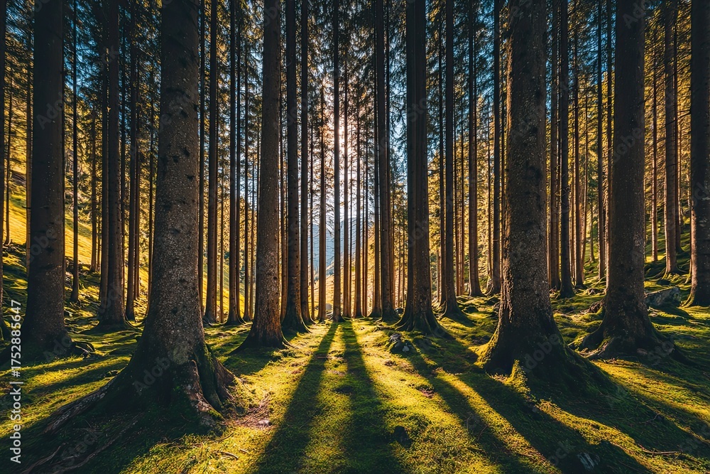 Obraz premium Forest floor, sunlight filtering through tall, dense trees