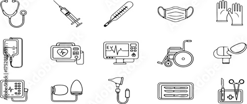 A collection of medical equipment icons, illustrating healthcare tools and instruments.
