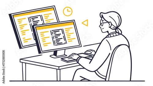A woman sits at a desk with two computer monitors displaying code in a minimalist line drawing style art