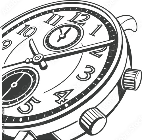 Detailed vintage mechanical watch face close-up showing gears and dials isolated on transparent background