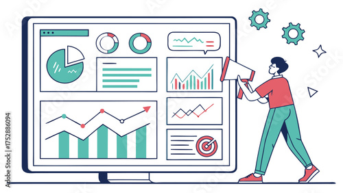 Man with megaphone presenting data charts and graphs on a large computer screen with gear icons around