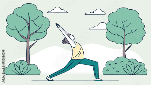 A woman in a yoga pose with arms raised in a park setting surrounded by trees and bushes on a cloudy day