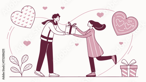 A couple exchanging gifts surrounded by hearts in a stylized illustration for valentine's day celebration