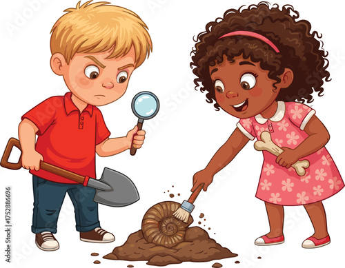 children, fossils, paleontology, excavation, archaeology, ammonite, teamwork, discovery, brush, 