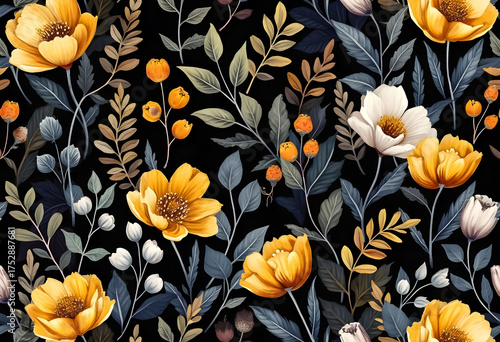 Colorful floral pattern featuring yellow, white flowers and green leaves against a black background