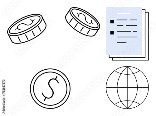 Coins representing currency, documents symbolizing transactions, and a globe for worldwide trade. Ideal for finance, economy, banking, business, commerce globalization strategic planning. Simple