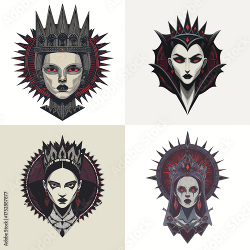 Mystical gothic queen with crown and red eyes, inspired by dark fantasy and vampire aesthetics, elegant female villain character design for tattoo, poster, or occult art concept.
