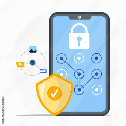 Screen lock pattern on smartphone to personal account data protection. Cyber security for file, online credit card, and user access.