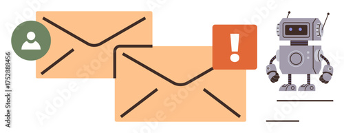 Two large envelopes, one with a user icon and another with an alert sign, accompanied by a robot assistant. Ideal for email automation, notifications, AI communication, customer support, alerts