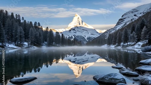 Monumental structure reflected in still water with trees