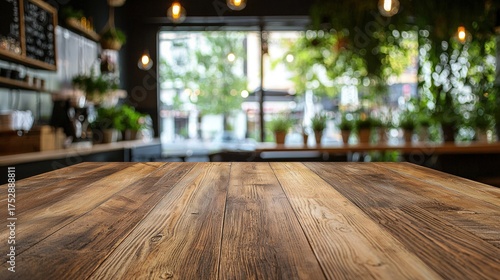 Empty Wooden Table in a Cozy Cafe with Green Plants.