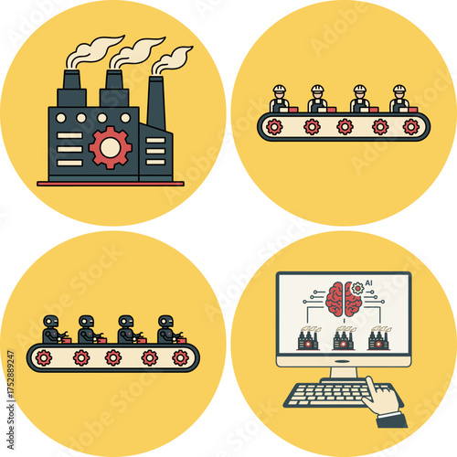 The evolution of industrial production: from traditional factories with pipes and manual labor to fully robotic lines controlled by artificial intelligence. A set of 4 images.