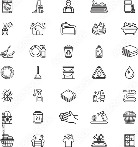Hygiene, Cleaning Service, and Household Care Line Art Icon Set: Laundry, Vacuum, and Sanitation