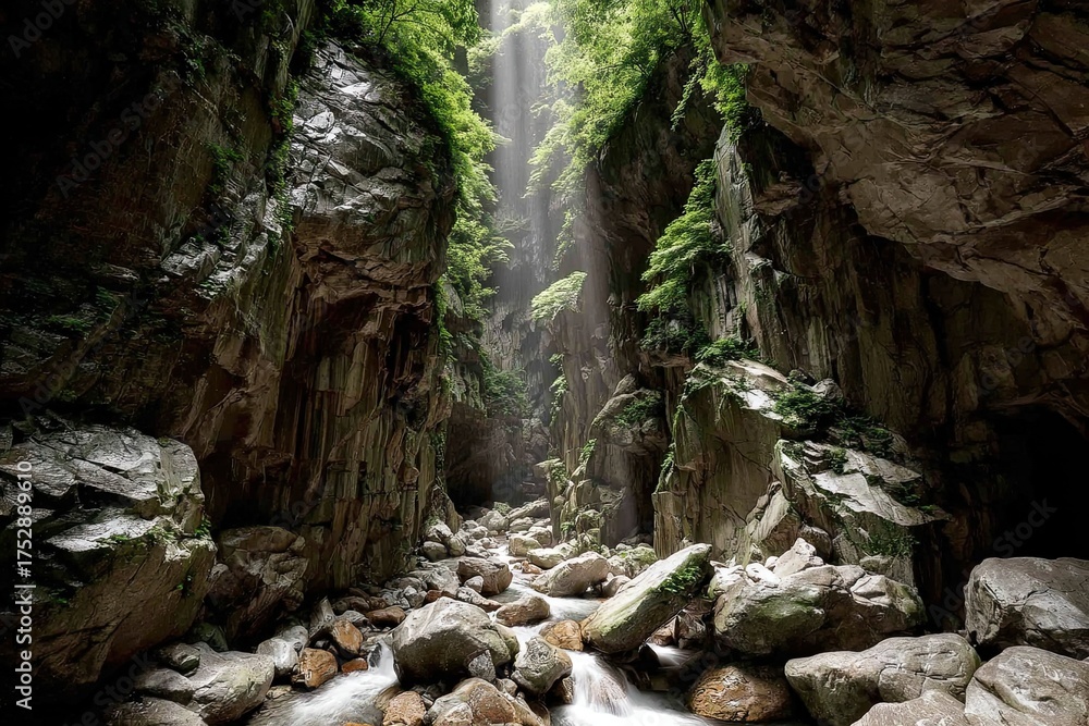 Fototapeta premium Sunlit gorge view with river, moss, and rocky walls