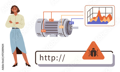 Woman monitoring motor performance metrics, analyzing graph trends, facing cybersecurity alert. Ideal for technology, cybersecurity, analytics, IoT, engineering, data monitoring risk management