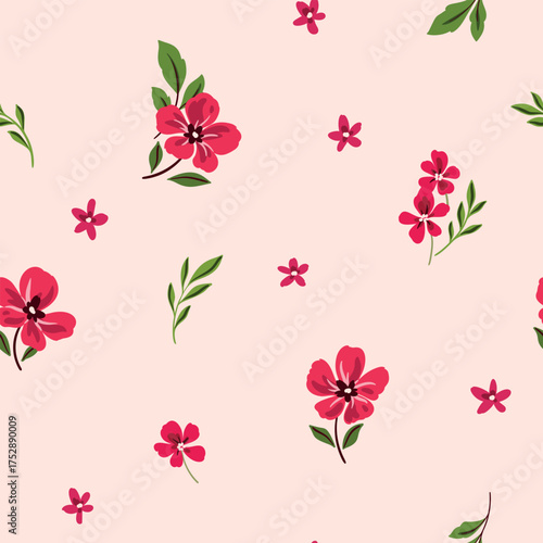 Seamless floral pattern, liberty ditsy print with red flowers in folk, rustic motif. Simple botanical design of small hand drawn flowers, green leaves in abstract composition on pink. Vector.