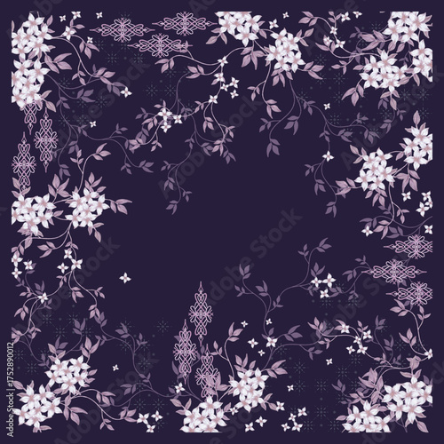 Simple pattern leaf floral hijab scarf design in navy color