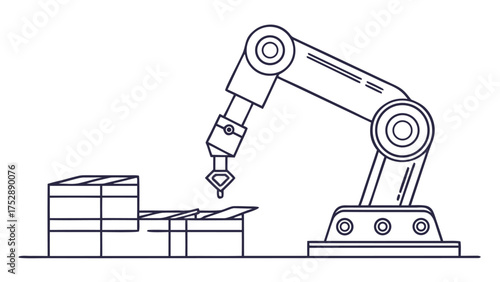 A line drawing depicting a robotic arm positioned above a conveyor belt with stacked rectangular objects