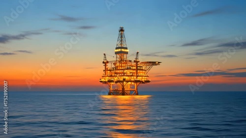 Offshore oil rig at sunset horizon reflecting on calm ocean waters