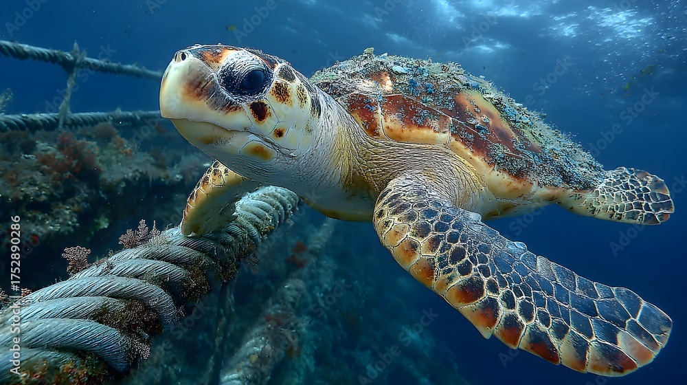 Obraz premium Detailed Close-Up of a Loggerhead Turtle Resting on a Rope Underwater