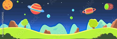 Colorful cartoon alien planet landscape with green hills, blue mountains, trees, flying spacecrafts, and multiple planets in starry sky background vector illustration