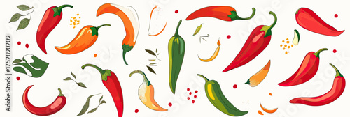 Variety of colorful cartoon chili peppers and chili pods with leaves and spices seamless pattern in flat minimalist vector style