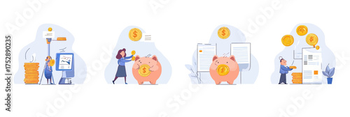 Business people analyzing financial reports, saving money, investing coins in piggy bank, growth and money management concept flat vector illustration set