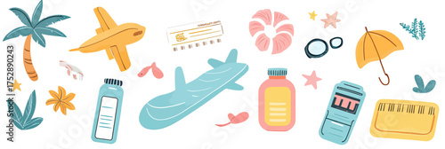 Tropical summer vacation travel stickers set with airplane ticket palm tree sunscreen diving mask umbrella and tropical leaves flat vector illustration