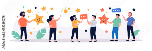 Customer service team exchanging positive feedback stars and chat messages with happy people celebrating excellent support and satisfaction in flat vector style
