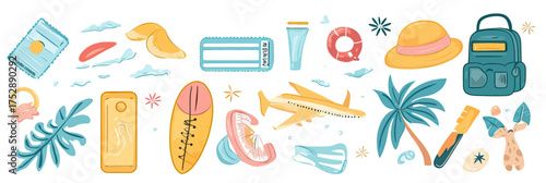 Summer travel and vacation vector stickers set with airplane, palm tree, sunscreen, beach hat, backpack, tropical leaves, ticket, and snorkeling gear in flat minimalist style