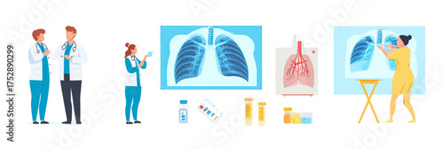 Doctors examining chest x-ray images and respiratory system anatomy with medical equipment for lung disease diagnosis and patient care in healthcare setting